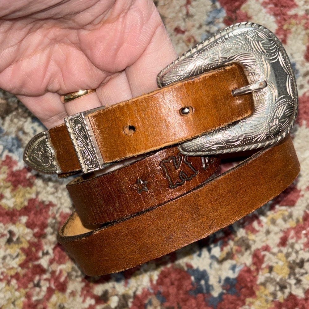 Vintage Western Leather “Kathy”Belt with Intricate Silver Buckle size Medium